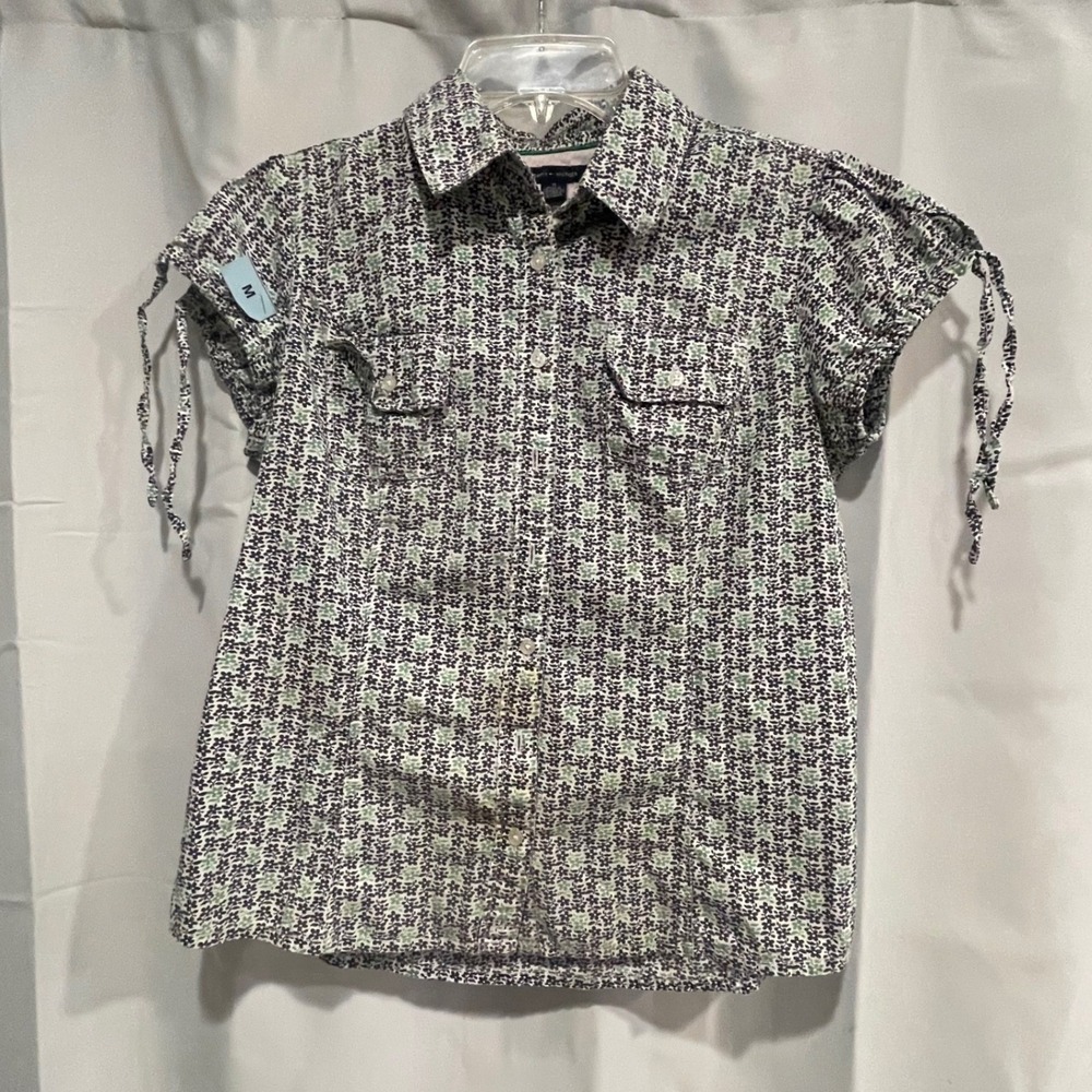 Tommy Hilfiger Womens Floral Button Down Shirt Short Sleeve Navy Green Medium